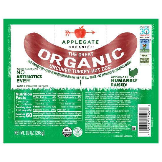 Applegate Organics the Great Organic Uncured Turkey Hot Dog (10 oz)