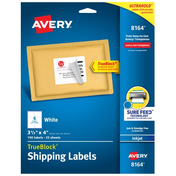 Avery Trueblock Permanent Inkjet Shipping Labels, 8164, 3 1/3" X 4", White (150 ct)