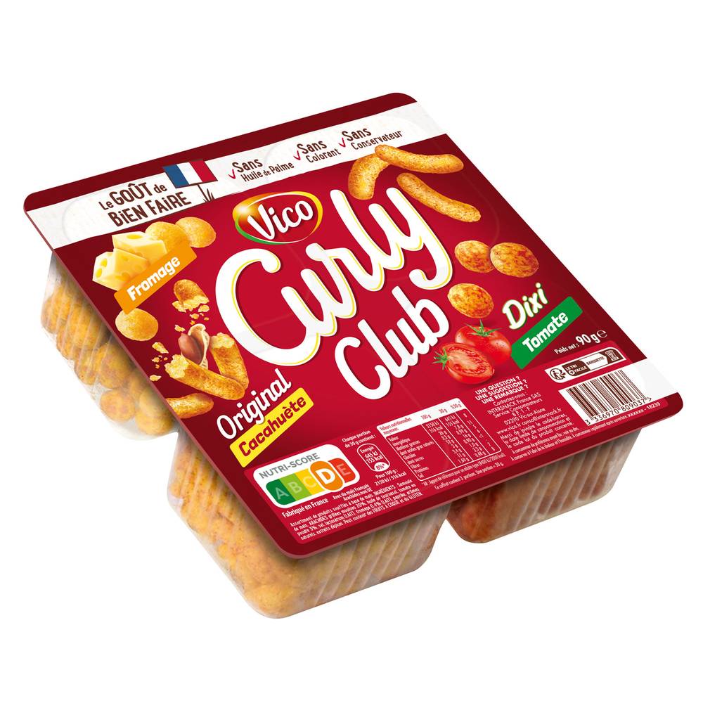 Vico - Curly biscuits apéritifs assortiment, tomate - fromage - cacahuète (90g)