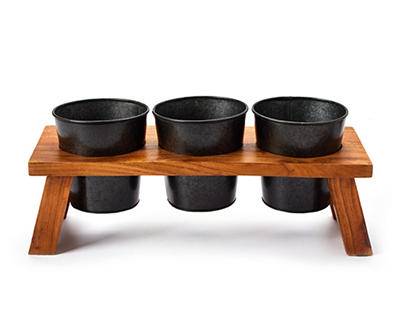 Metal Planters With Wood Base, Black