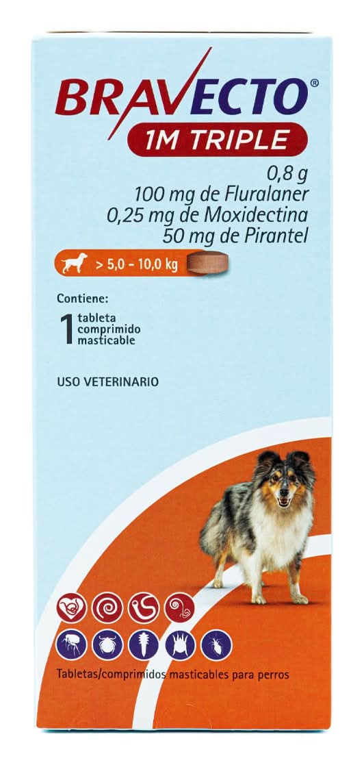 Bravecto TRIPLE TABLETA MASTICABLE ANTIPARASITARIA EXTERNA E INTERNA PARA PERRO, 5 A 10 KG