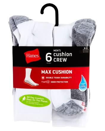 Hanes Max Cushion Crew Socks, 6-12, Assorted (6 ct)