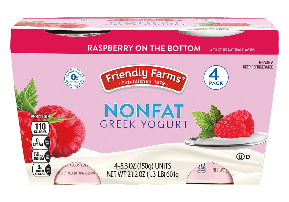 Friendly Farms Nonfat Greek Yogurt, Raspberry (4 x 5.3 oz)