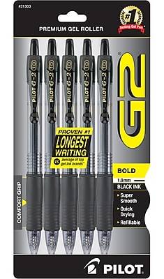 Pilot G2 Retractable Gel Pens, Bold Point, 1.0mm, Black Ink, 5/Pack (G21C5BLK)