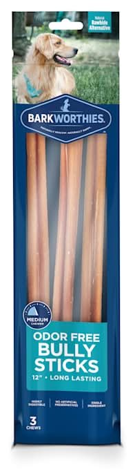 Barkworthies Odor Free Dog Bully Stick, 12" L, Pack of 3