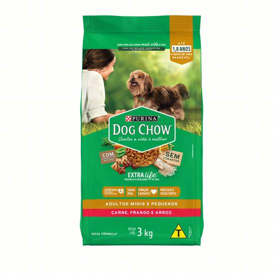Purina ração seca dog chow para cães adultos minis e pequenos sabor carne, frango e arroz (3 kg)