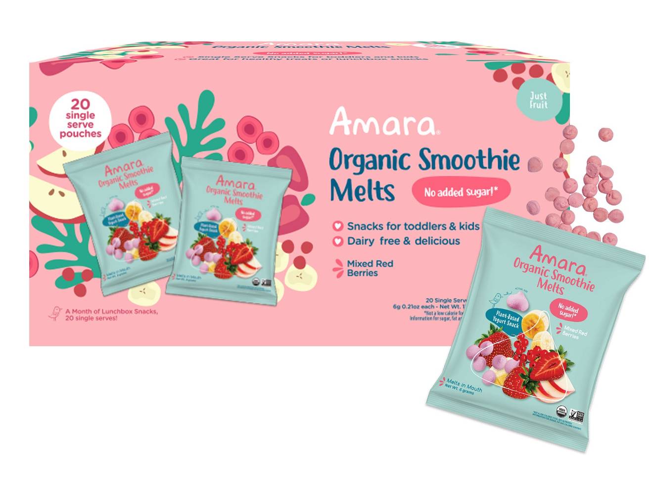 Amara Organic Smoothie Melts Baby Snacks, Mixed Red Berries (20 x 2 oz)