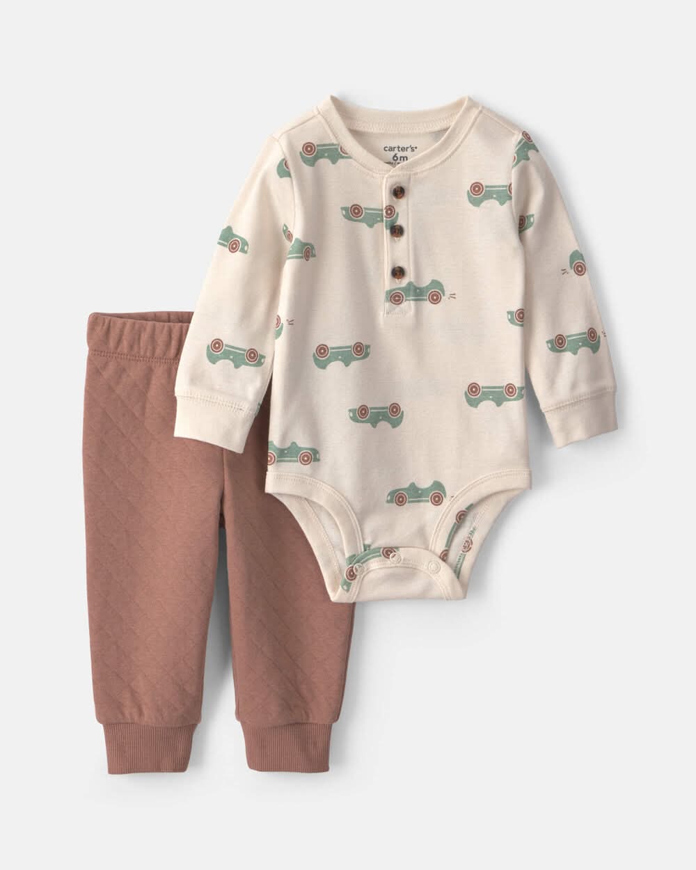 Baby Boy 2-Piece Car Long-Sleeve Bodysuit & Pant Set - Brown/Cream - 3M