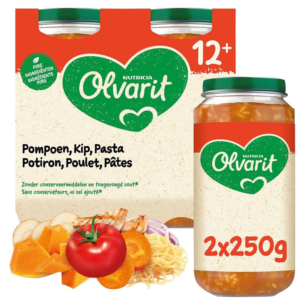 Olvarit petit pot repas bébé Potiron Poulet Pâtes 12 mois 2 x 250 g