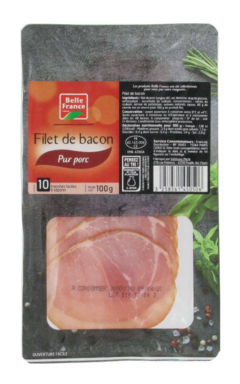 Filet de bacon Pur porc 10tranches Belle France 100g