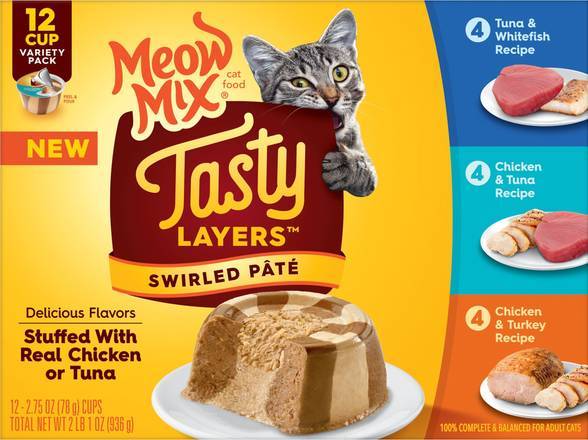Meow Mix Tasty Layers Swirled Pate Cat Food (12 ct) (chicken-tuna-turkey-whitefish)