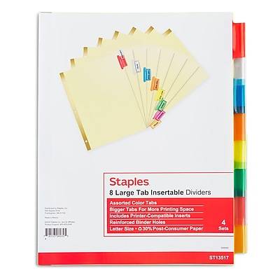 Staples Large Tab Insertable Dividers, 8-Tab, Assorted Colors, 4/Pack (13517/14483)