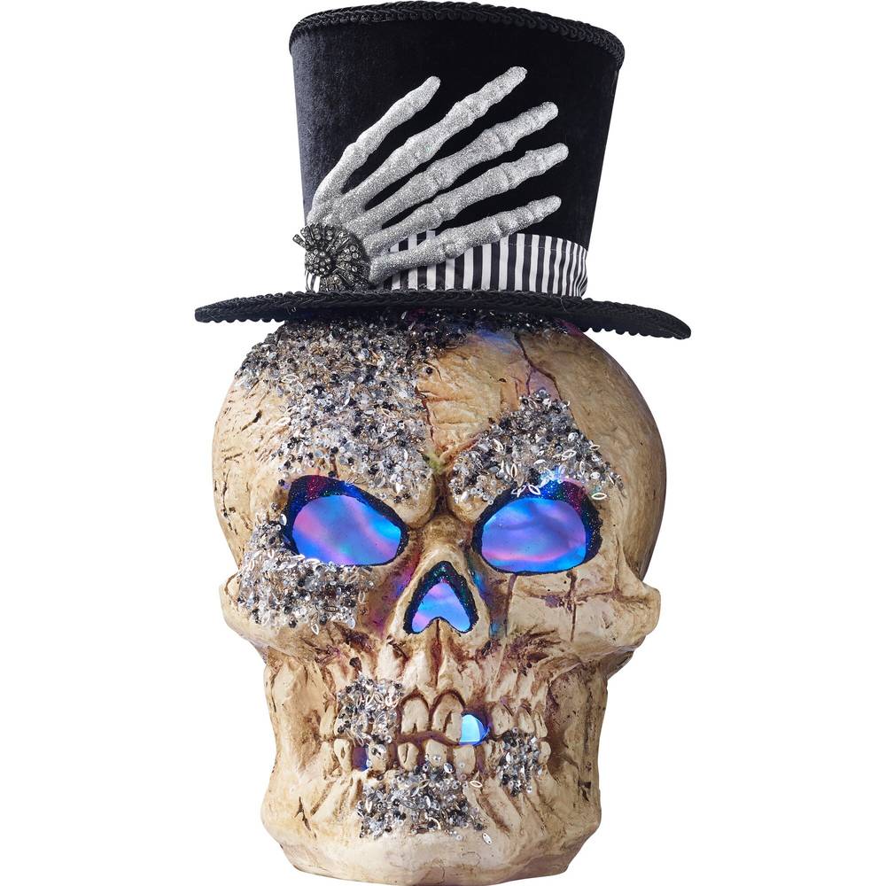Spooky Village Light-Up Skull Head with Top Hat Decoration, 18 in