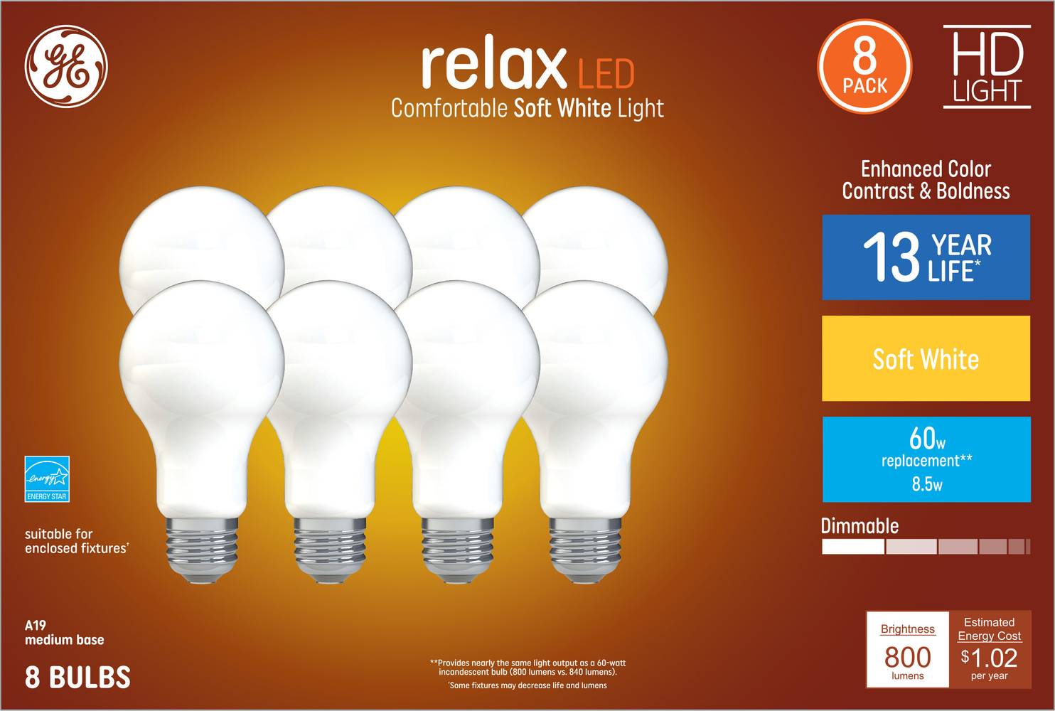GE Relax 60-Watt EQ A19 Soft White Medium Base (e-26) Dimmable LED Light Bulb (8-Pack) | 44930