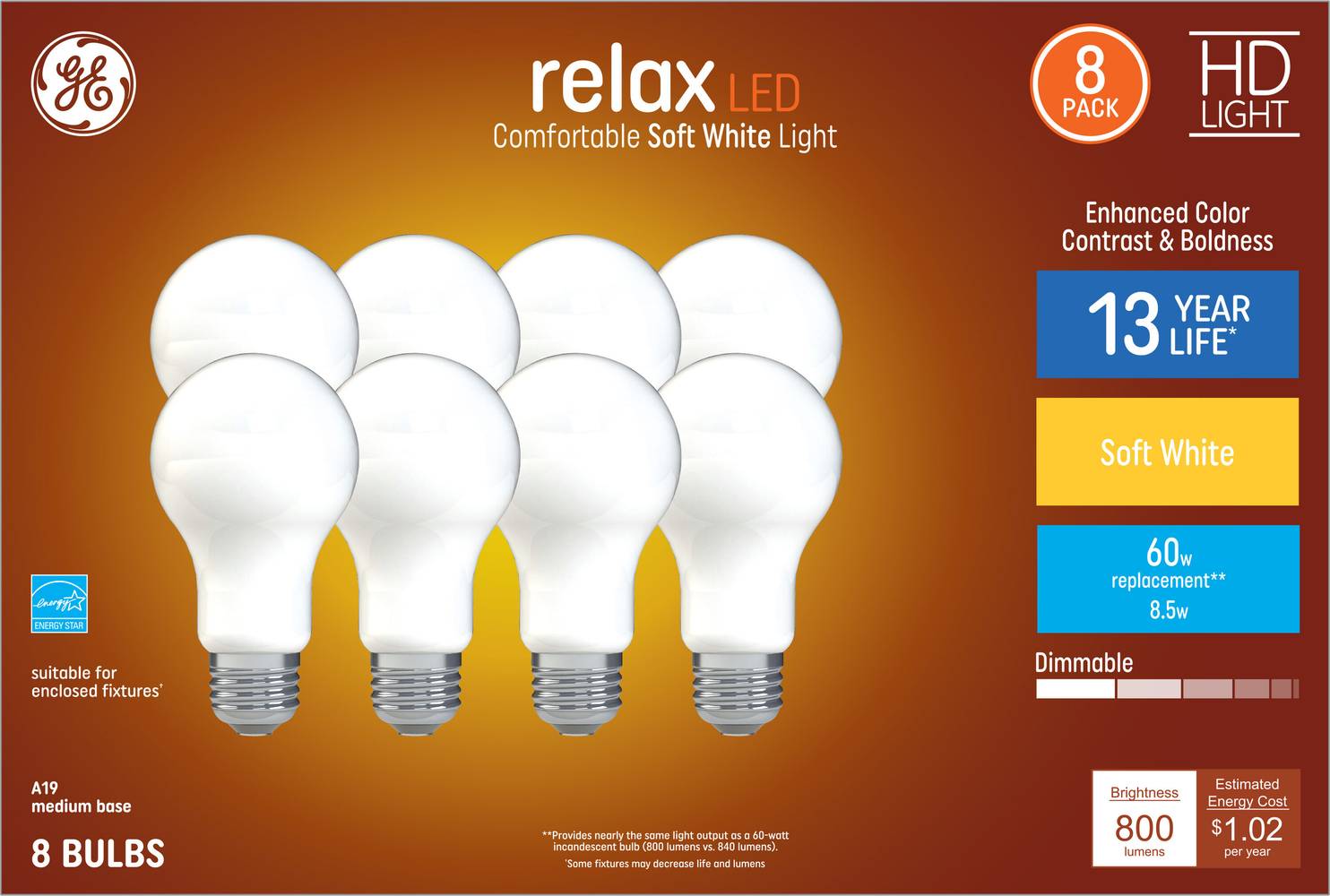 GE Relax 60-Watt EQ A19 Soft White Medium Base (e-26) Dimmable LED General Purpose Light Bulb (8-Pack) | 44930