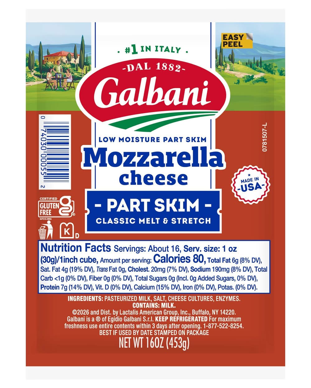 Galbani Italian Style Part Skim Classic Melt & Stretch Mozzarella Cheese (16 oz)