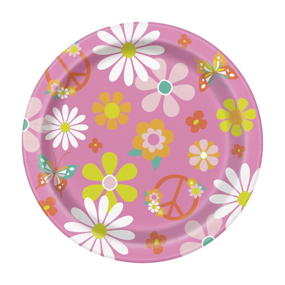 Floral Peace Sign Retro Birthday Party Paper Plates 9 In