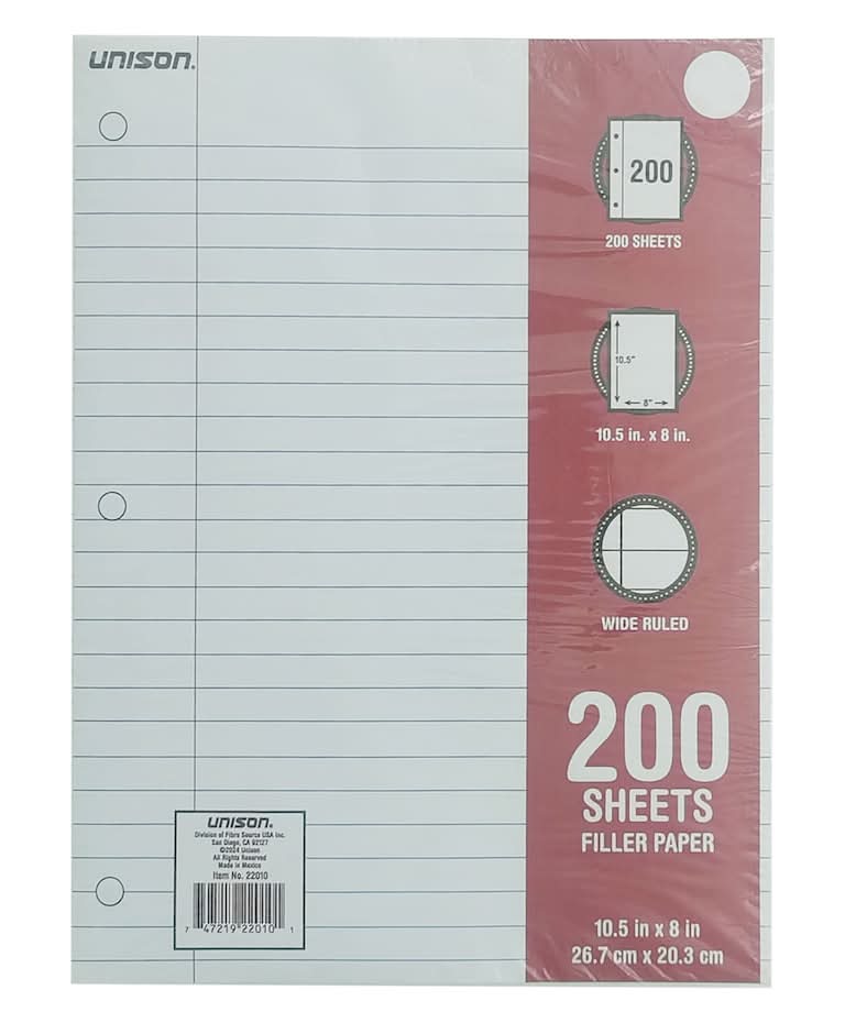 Unison Lined Wide Ruled Filler Paper 200 Sheets, 10.5x8 in