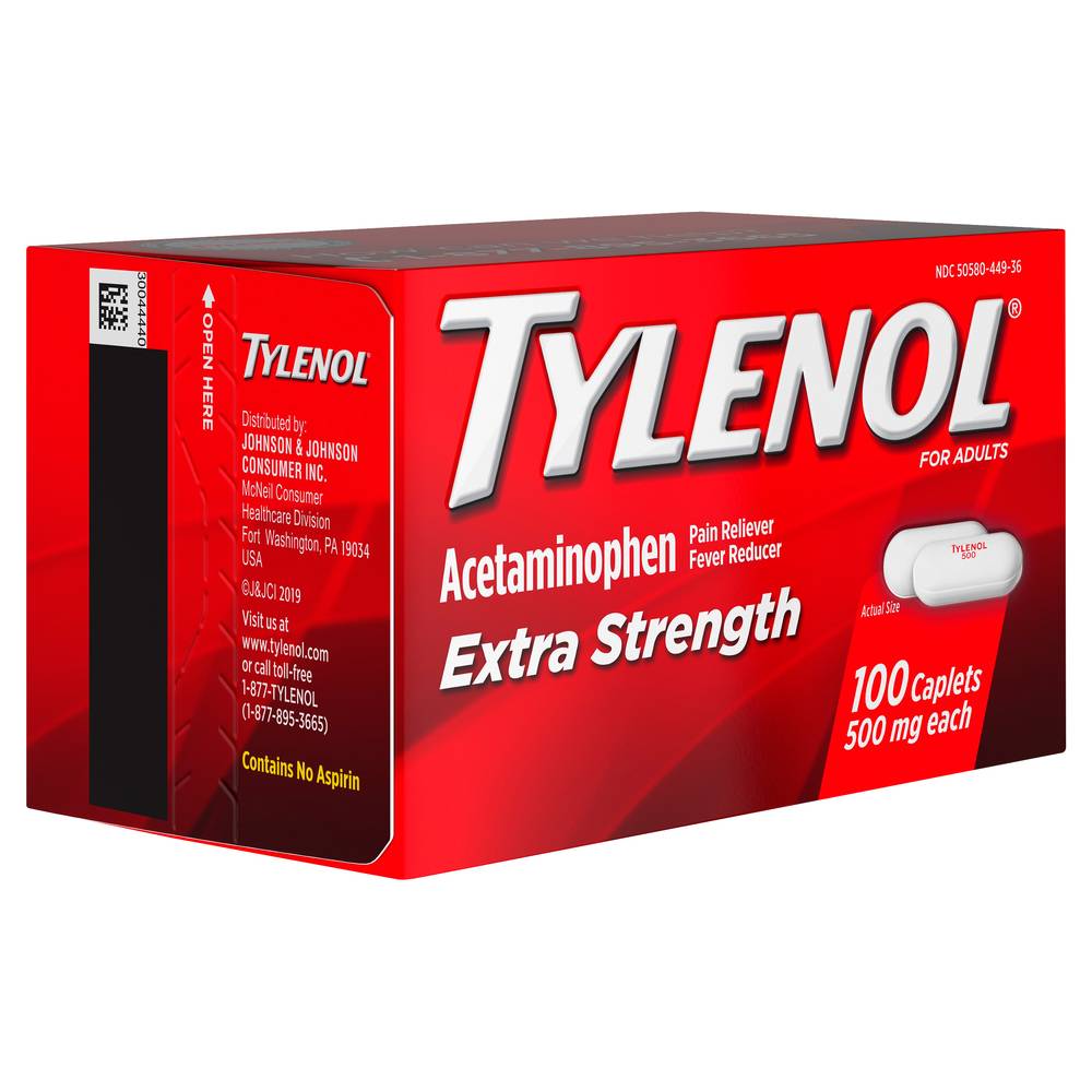 Tylenol Acetaminophen, Extra Strength, 500 Mg, Caplets 100 Ea