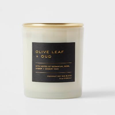 Threshold Lidded Glass Jar Black Label Olive Leaf and Oud Candle, Soy & Coconut Wax Blend (8 oz)