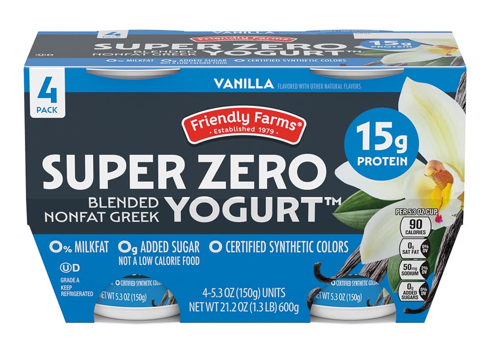 Friendly Farms Super Zero Blended Nonfat Greek Yogurt, Vanilla (4 x 5.3 oz)