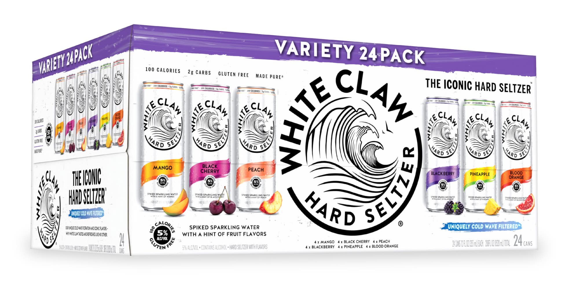 White Claw Hard Seltzer Variety pack, Mango-Black Cherry-Peach-Blackberry-Pineapple-Blood Orange (24 x 12 fl oz)