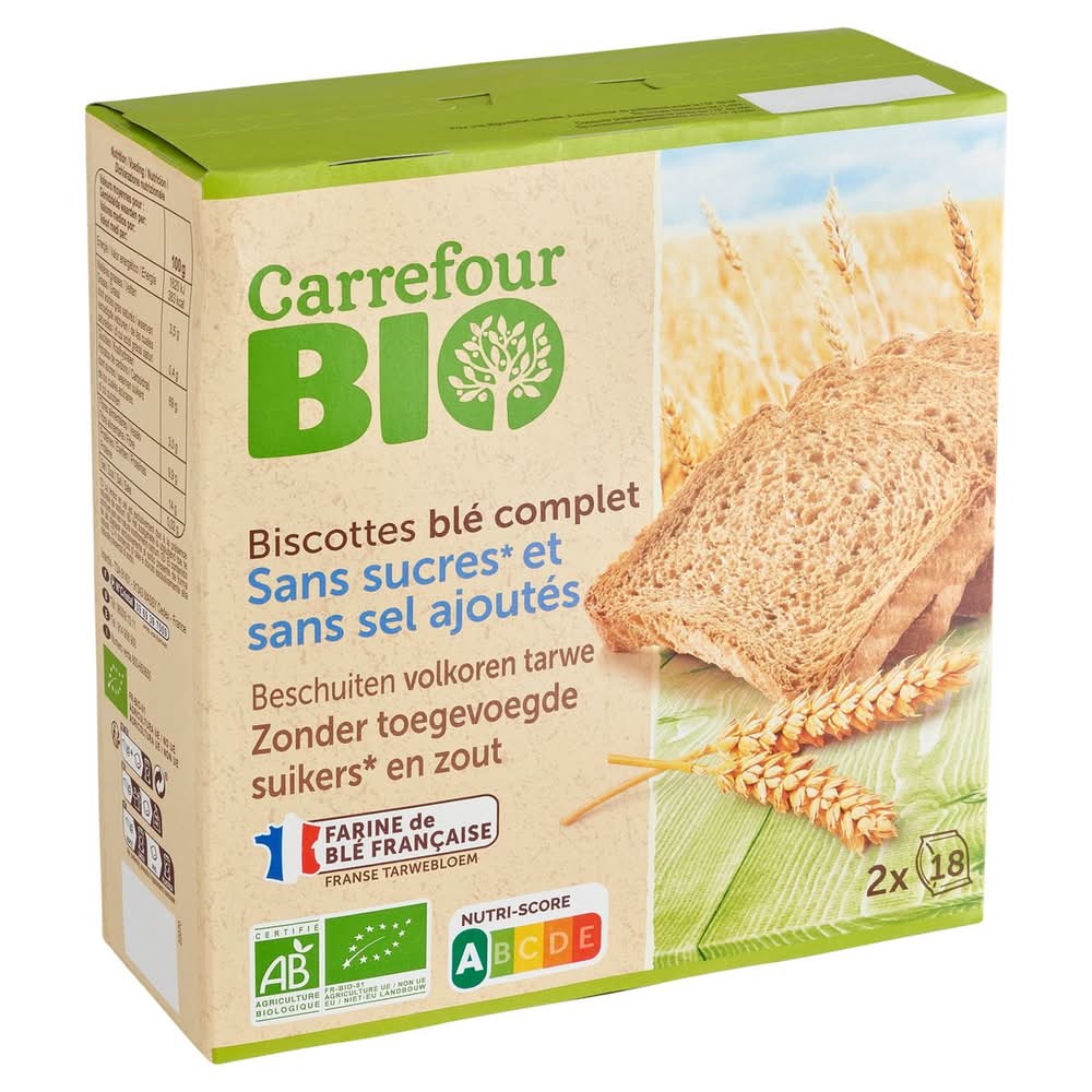 Carrefour Bio Biscottes Blé Complet 2 x 18 Pièces 300 g