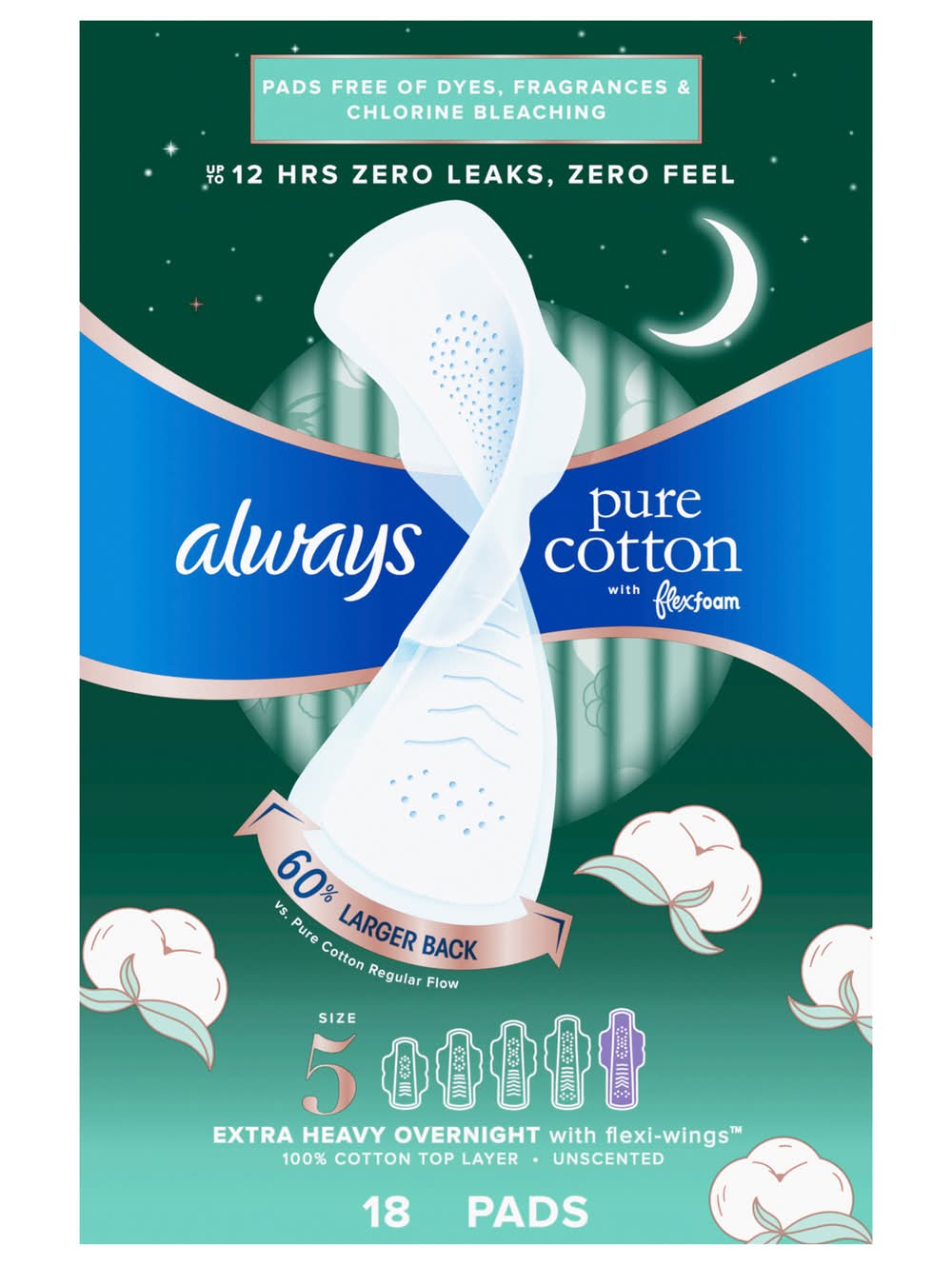 Always Pure Cotton Extra Heavy Overnight Pads With Flexi-Wings, Women, 5 (18 ct)