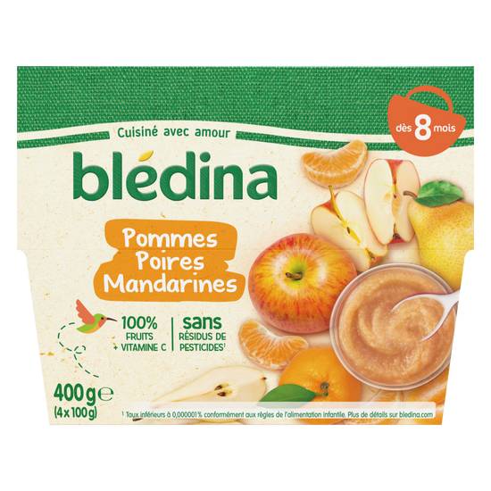 Blédina - Purée de fruits bébé pommes poires mandarines dès 8 mois (4 pièces)