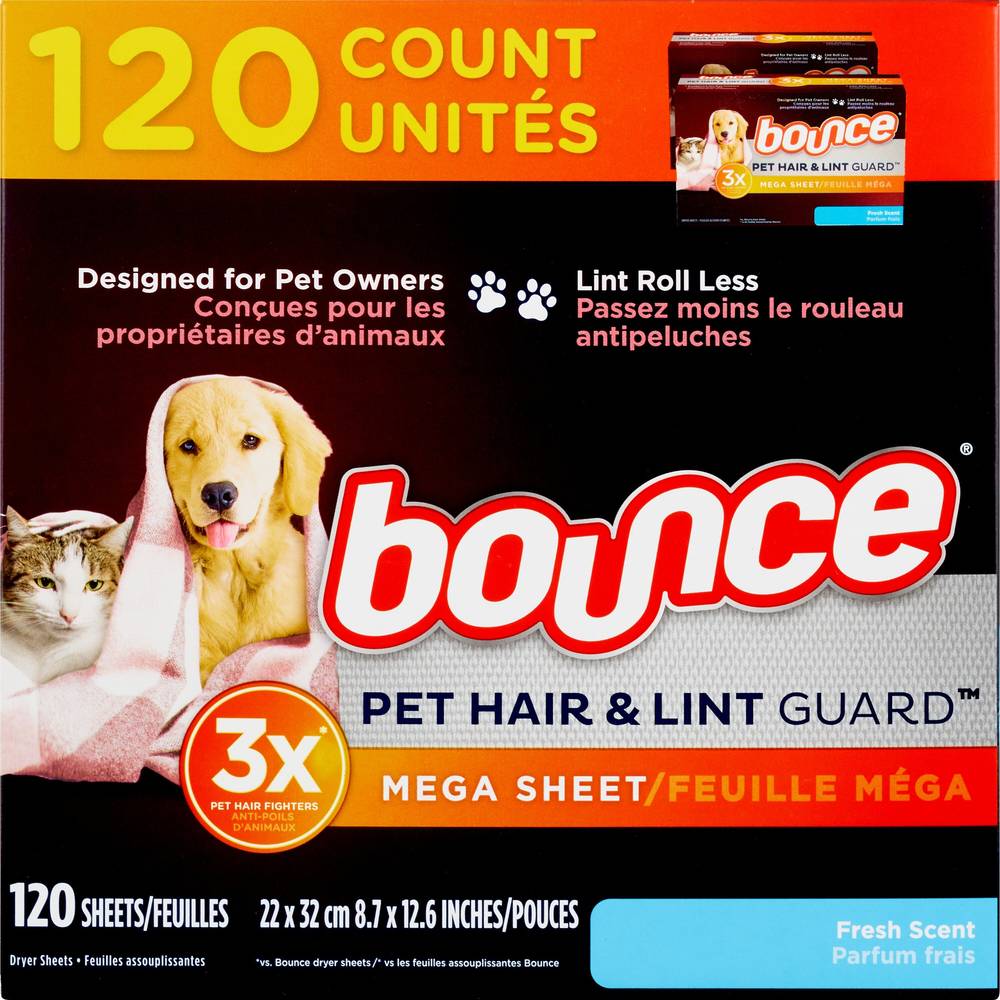 Bounce Pet Hair and Lint Guard Mega Dryer Sheets with 3X Pet Hair Fighters, Fresh Scent, 130 ct