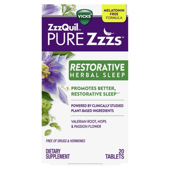 ZzzQuil PURE Zzzs Restorative Herbal Sleep Aid Tablets Valerian Roots, Hops & Passion Flower (20 ct)