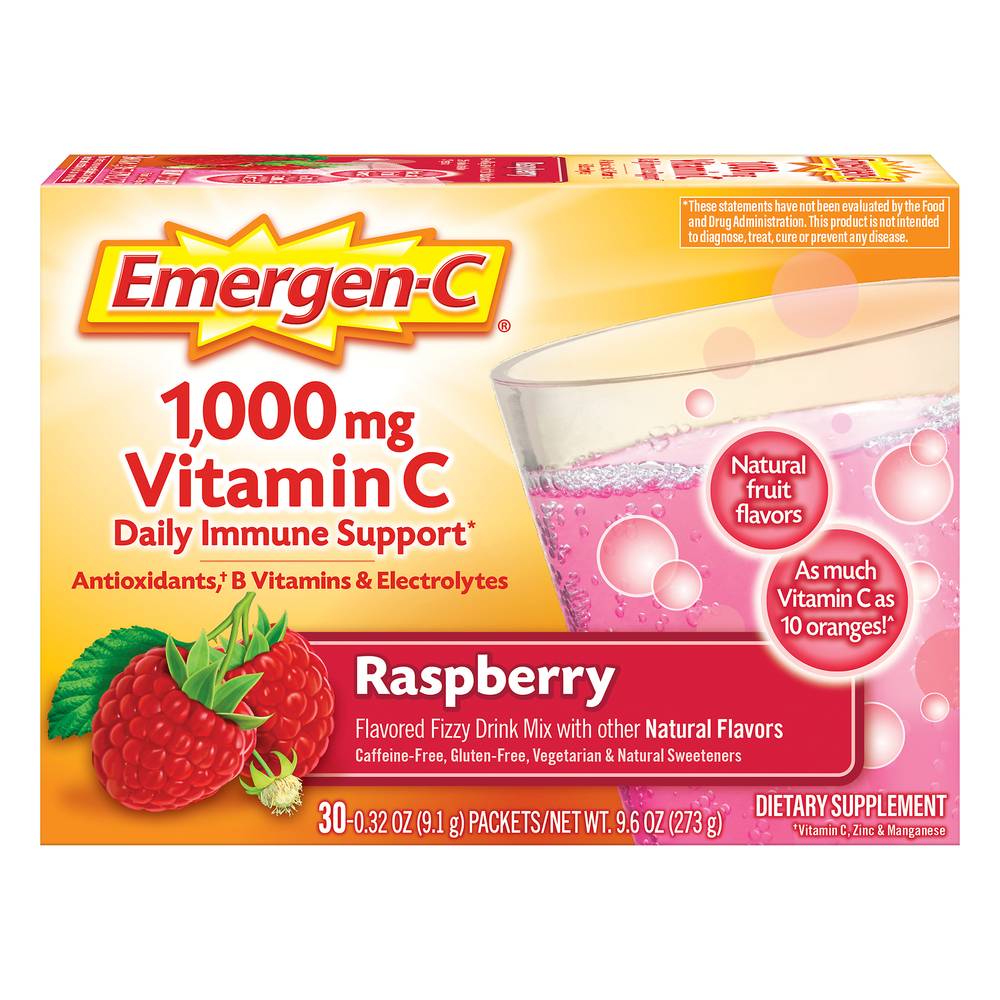 Emergen-C Vitamin C 1000mg Fizzy Drink Mix, Raspberry (0.32 oz, 30 ct)