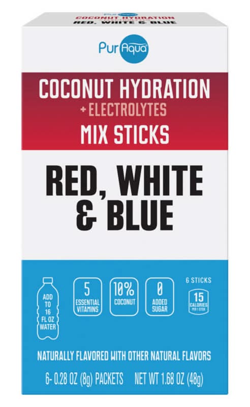 PurAqua Coconut Hydration + Electrolytes Mix Sticks, Red-White-Blue (6 x 0.28 oz)