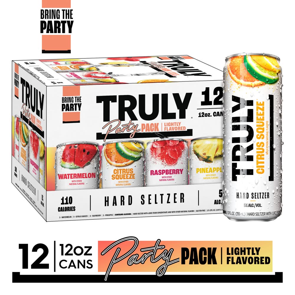 Truly Gluten Free Hard Seltzer Variety Party pack, Watermelon-Citrus Squeeze-Raspberry-Pineapple (12 x 12 fl oz)