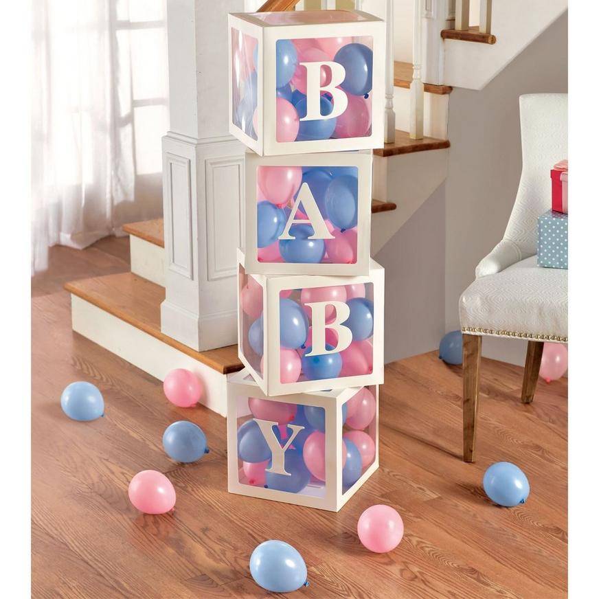 Uninflated White Pop-Up Baby Block Decorations with Blue Pink Mini Latex Balloons, 11.75in