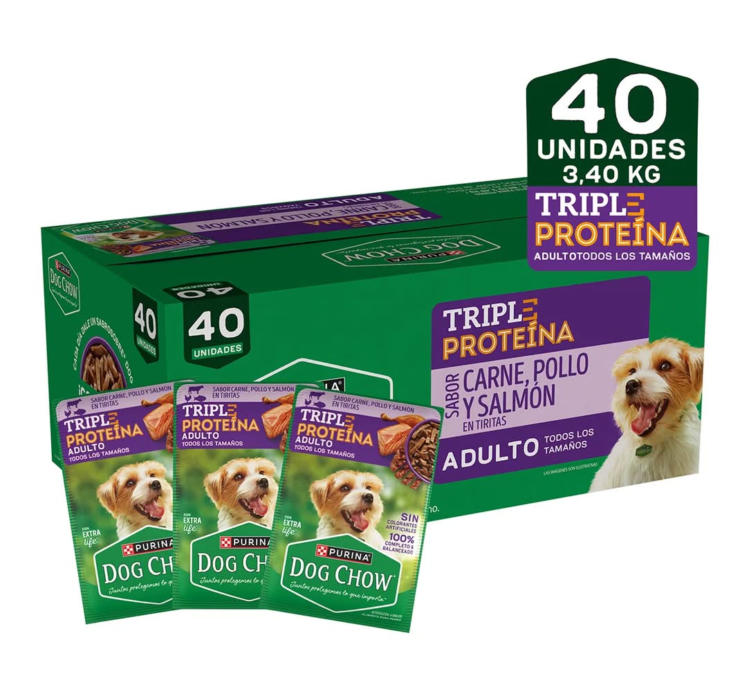 Purina Dog Chow · Triple proteína alimento húmedo en tiritas para perros, carne-pollo-salmón, Adultos-Todos los Tamaños (40 x 85 g)