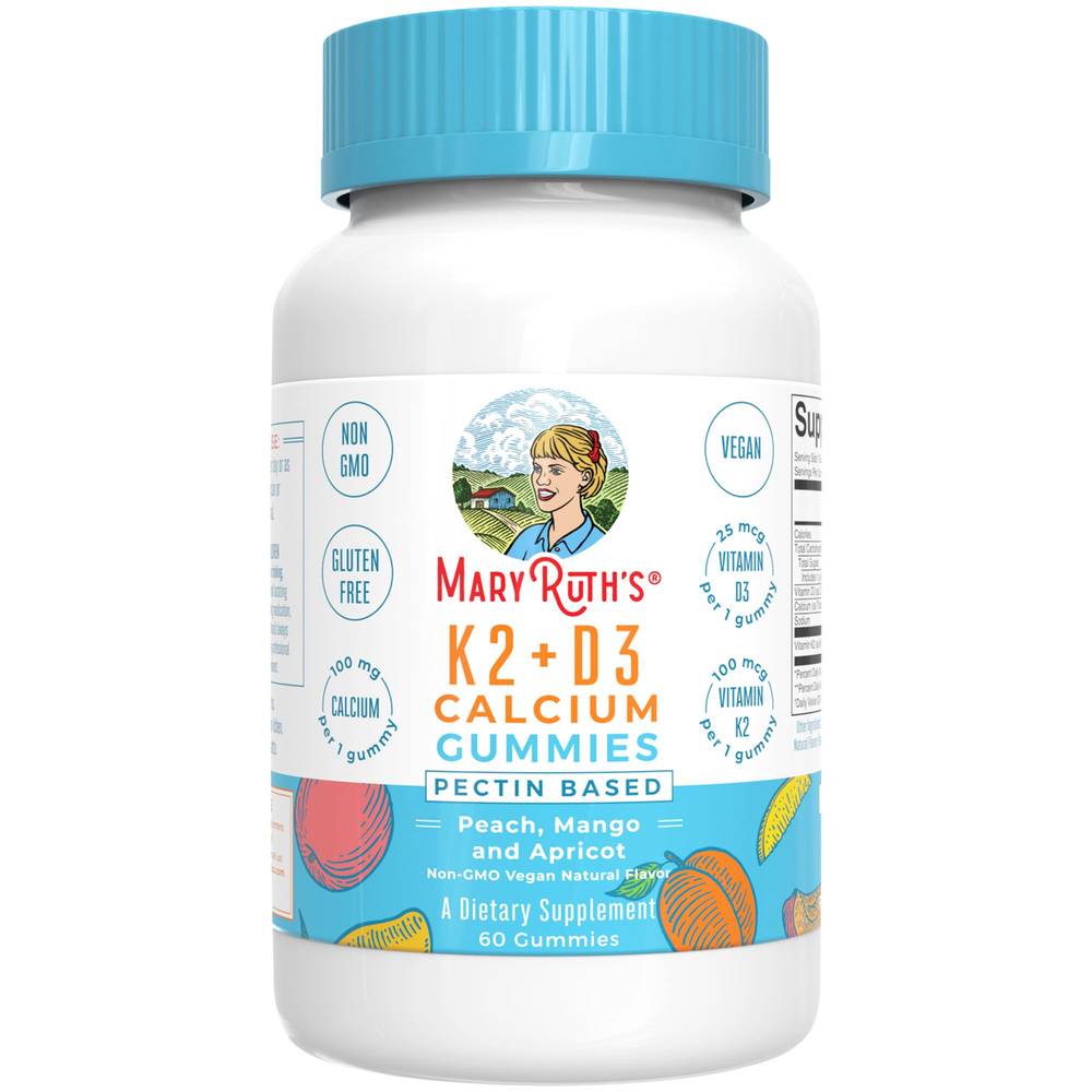 MaryRuth's 100 Mg Vitamin K2 D3 Calcium Gummies Bone Health, Peach- Mango-Apricot (60 ct)