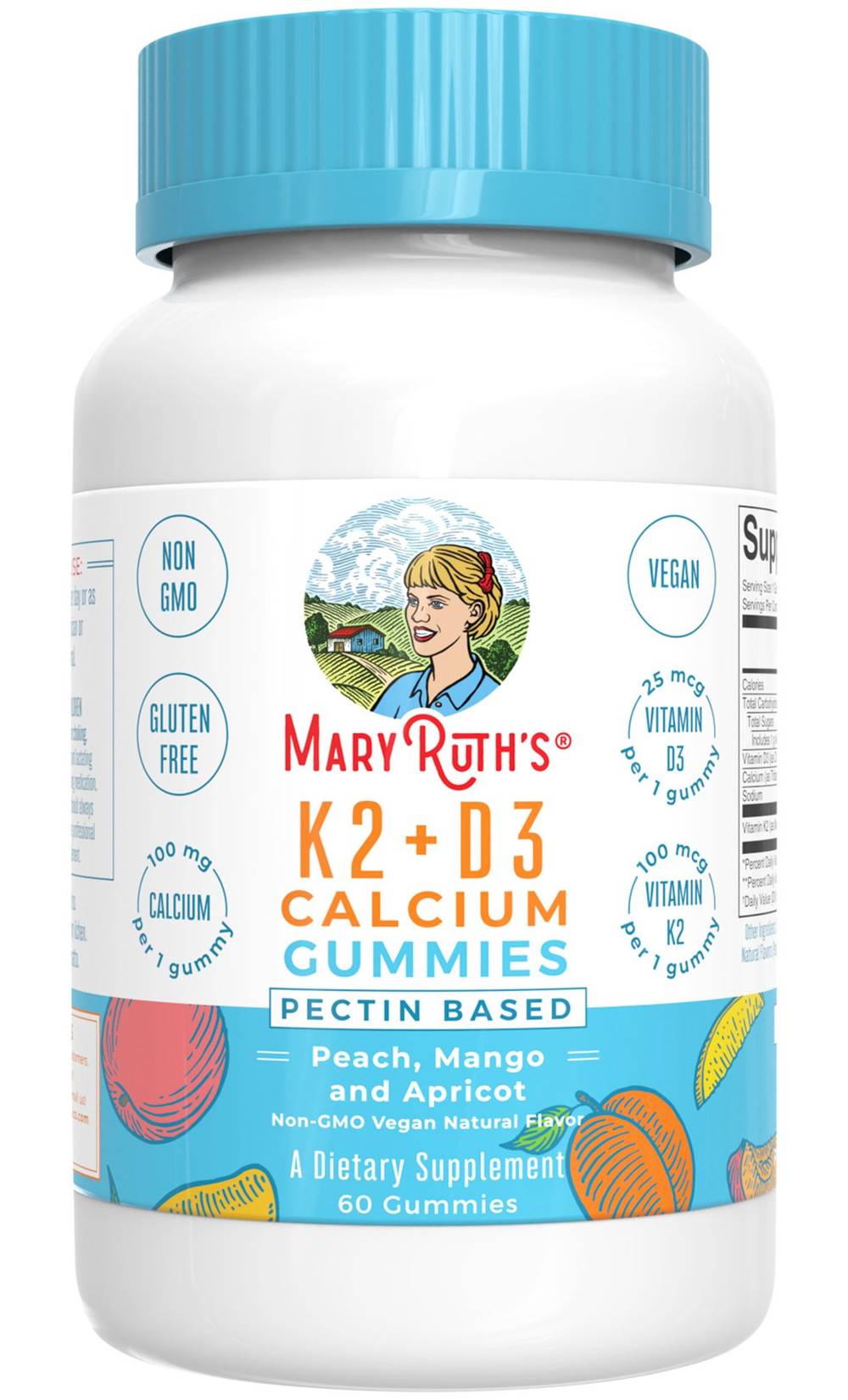 MaryRuth's 100 Mg Vitamin K2 D3 Calcium Gummies Bone Health, Peach- Mango-Apricot (60 ct)