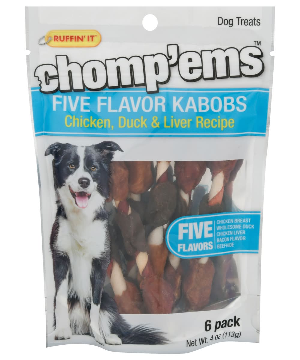 Ruffin' It Chomp'ems Five Flavor Kabobs Chicken, Duck & Liver Recipe Dog Treats (4 oz, 6 ct)