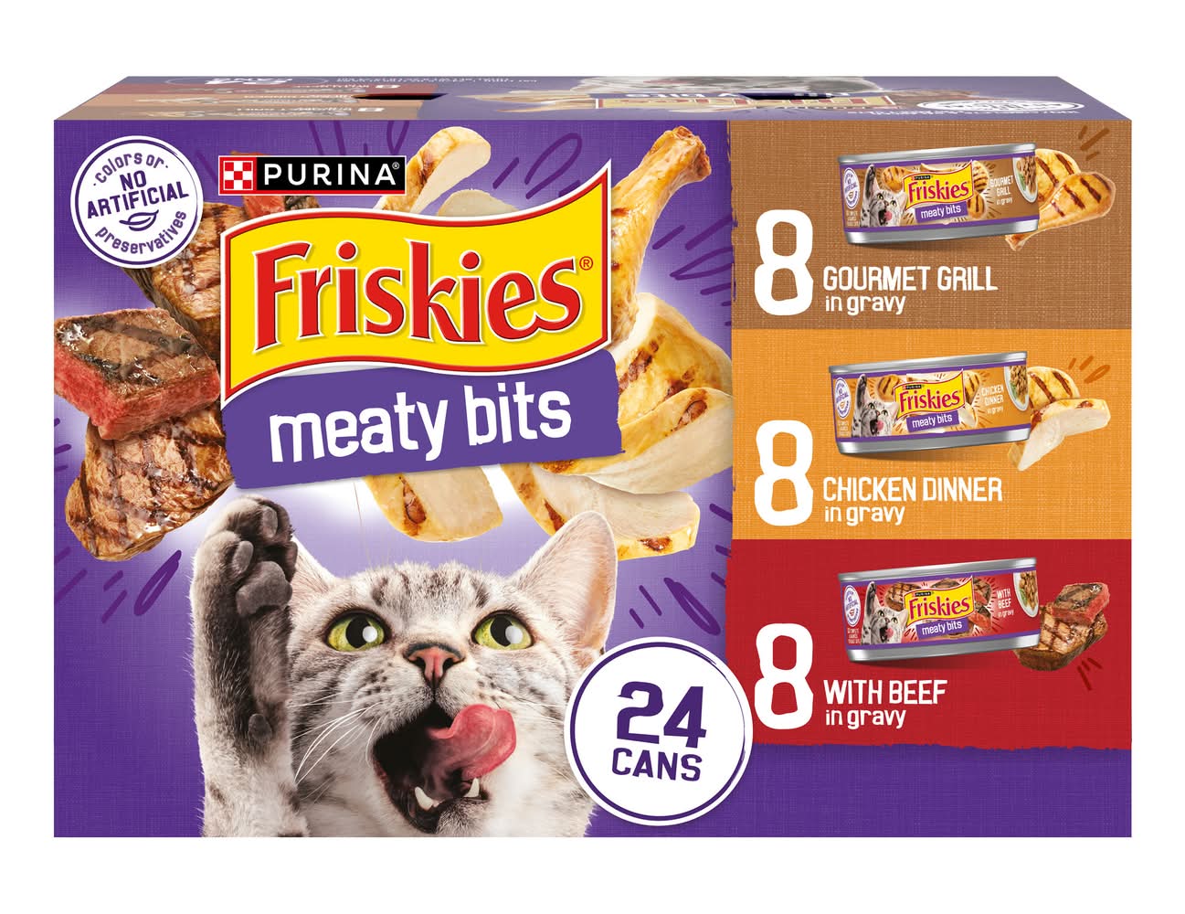 Purina Friskies Meaty Bits in Gravy Wet Cat Food Variety pack, Gourmet Grill-Chicken Dinner-Beef (24 x 5.5 oz)