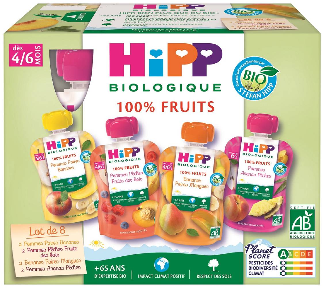 HiPP - Compote bébé dès 4/6 mois gourdes multipack 4 variétés (720g)