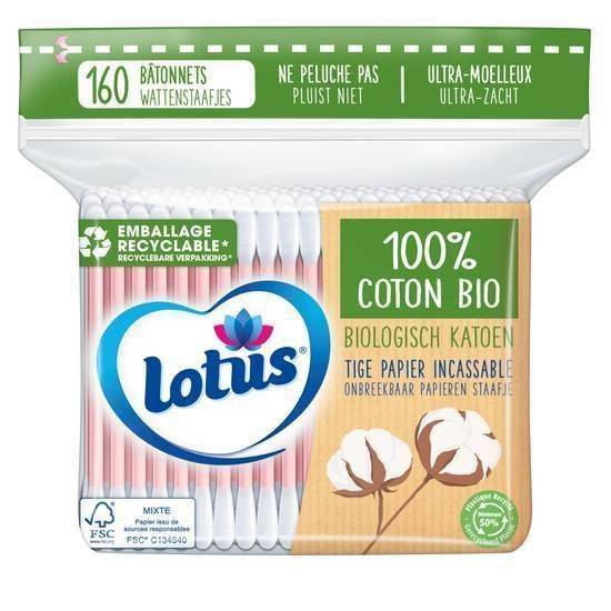 Lotus coton-tiges en papier et coton bio - sachet de 160 bâtonnets - bleu ou rose