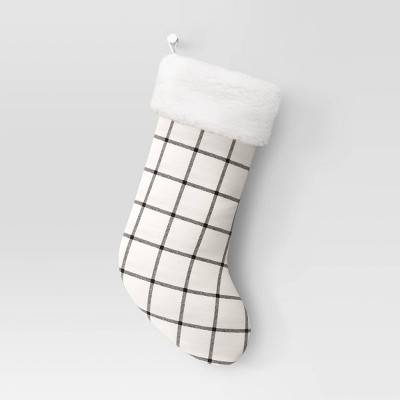 20" Woven Windowpane Plaid Christmas Stocking with Faux Shearling Cuff White/Black - Wondershop™: Traditional Holiday Decor, Polyester