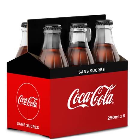 Soda zéro sucres COCA-COLA - le pack de 6 bouteilles en verres de 25cL
