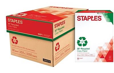 Staples 30% Recycled 8.5 x 11 (US letter) Copy Paper, 20 lbs., 92 Brightness, 5000/Carton (112350/461757)