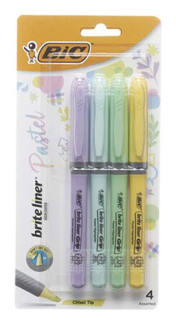 BiC Brite Liner Grip Chisel Tip Pastel Highlighter Set, Assorted (4 ct)