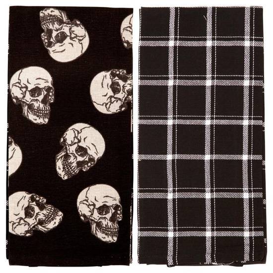 Black Skulls & Plaid Fabric Kitchen Towels, 18in x 28in, 2ct