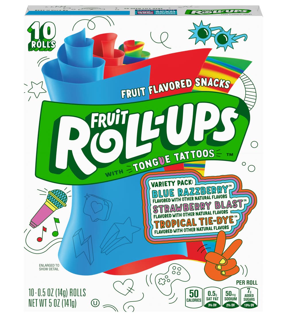 Fruit Roll-Ups Fruit Flavored Snack Rolls Variety pack, Blue Razzberry-Strawberry Blast-Tropical Tie-Dye (10 x 0.5 oz)