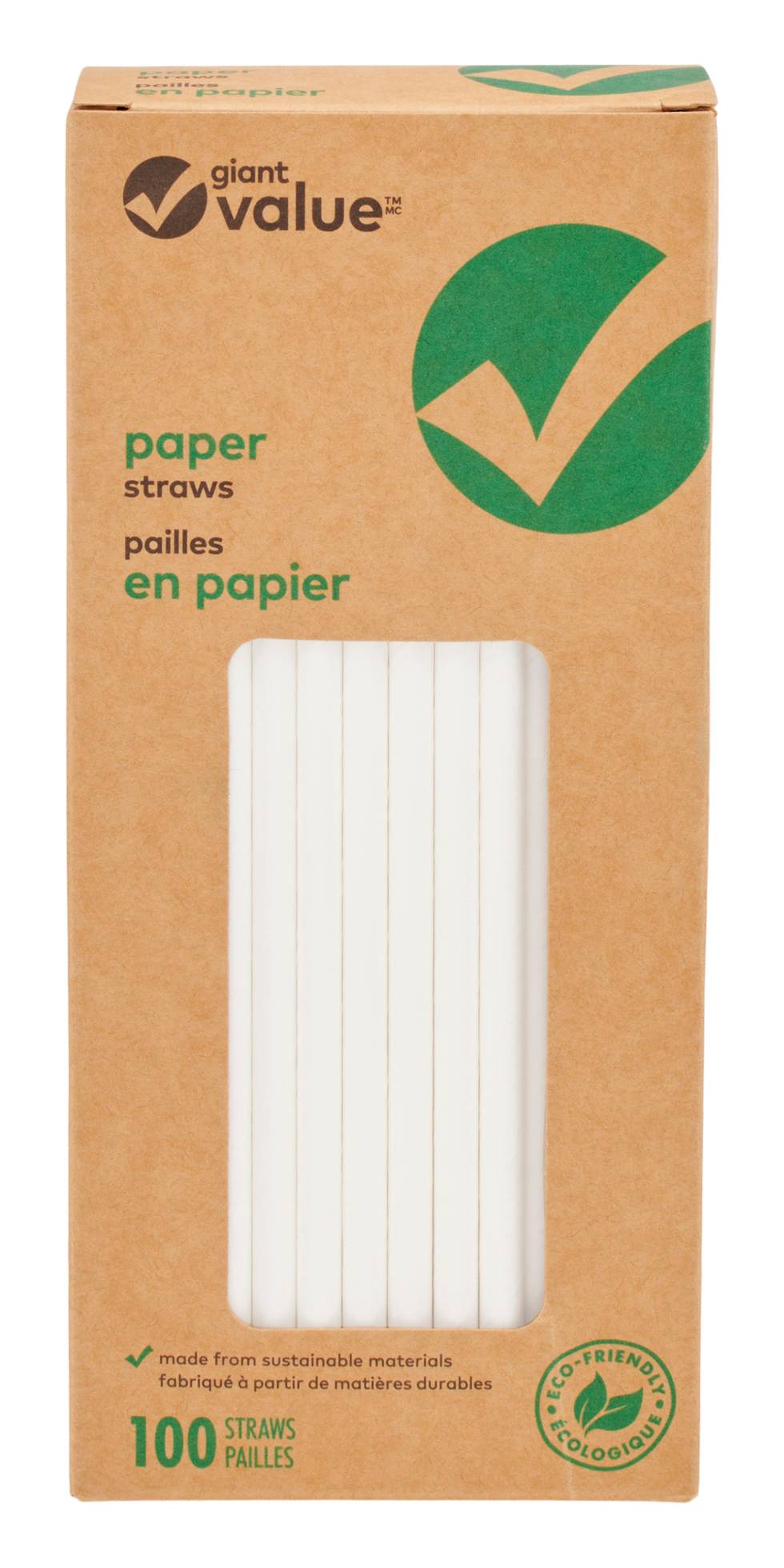 Pailles de papier 4épaisseurs Giant Value – emb. de 100 / Giant Value 4-Ply Biodegradable Paper Straws, 7.7-in x 0.2-in, White, 100-Pack