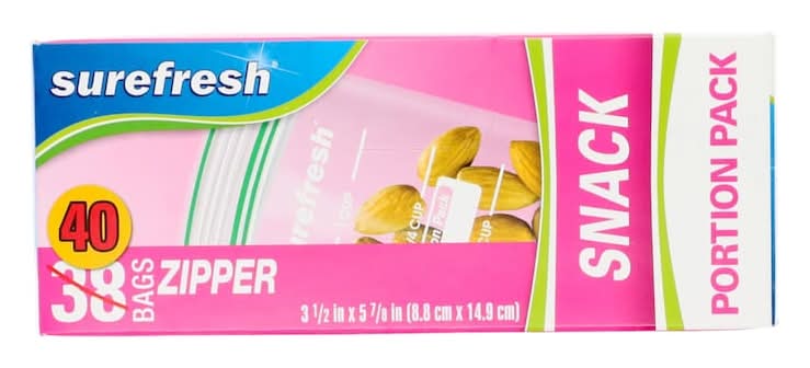 SureFresh Double-Zipper Plastic Portion Snack Bags, 8.8x14.9 cm, Clear (40 ct)